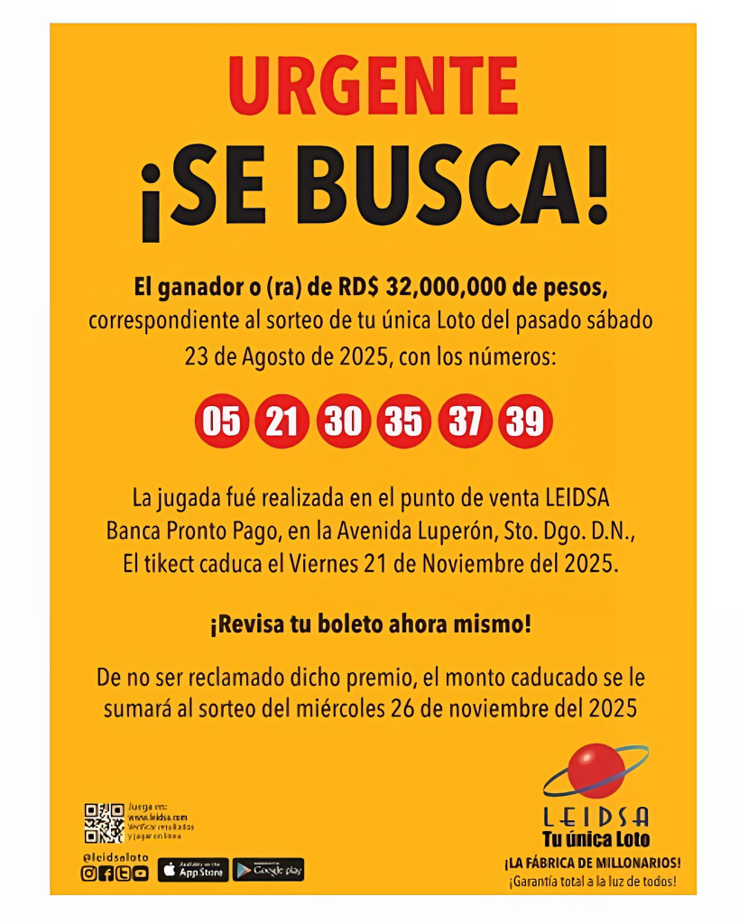 Leidsa busca ganador de 32 millones de pesos que sigue sin reclamar su premio